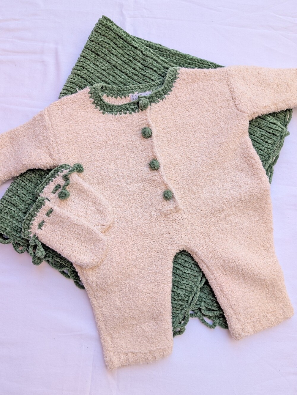 Vintage Barneys New York Hand-knit Baby Layette Set Romper Mitts Blanket Cotton